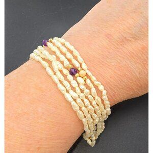 Freshwater Pearl Bracelet Elegant Multi Strand Amethyst Coral Accents 6.5 DH1393